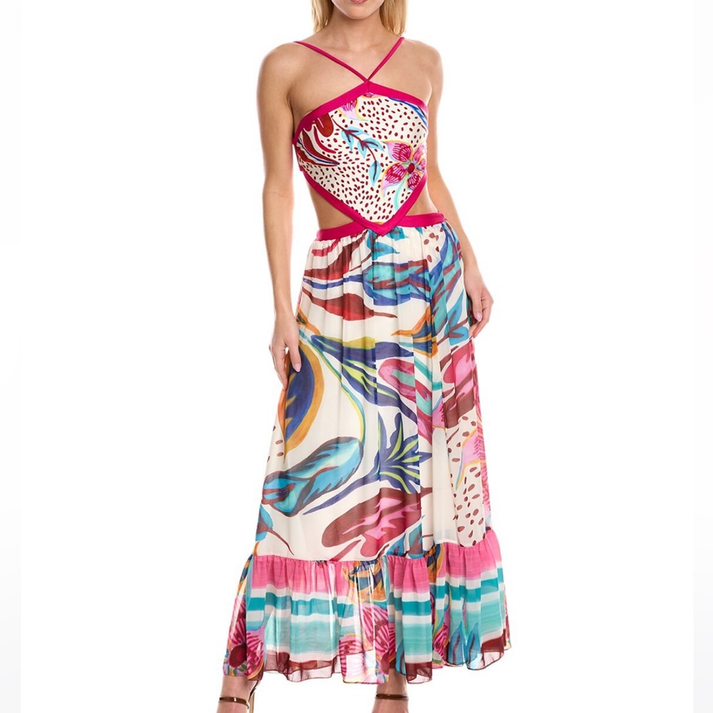 PatBO Flora Halter Neck Beach Maxi Dress in White Small New